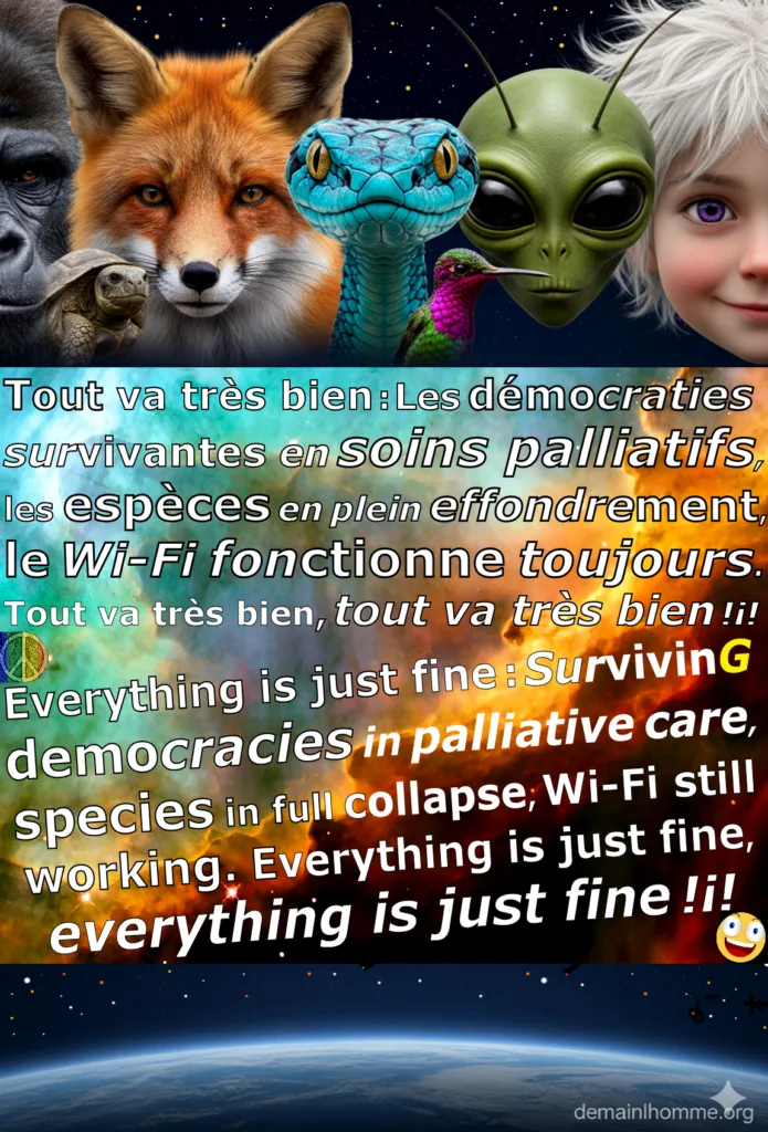 Tout va bien - Les démocraties survivantes en soins palliatifs, les espèces en plein effondrement, le WI-FI fonctionne toujours. Tout va très bien, tout va très bien !!! Demain l'Homme, ex SOS-planète - 