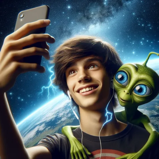 Selfie d'un ado et d'un extraterrestre- I.A. Copilot. Demain l'Homme ex SOS-planete