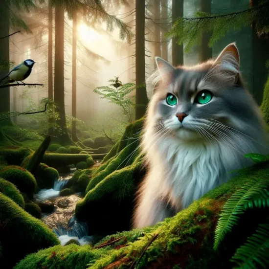 Michel G. avec I.A. Copilot - Un chat argenté aux yeux verts regarde un oiseau