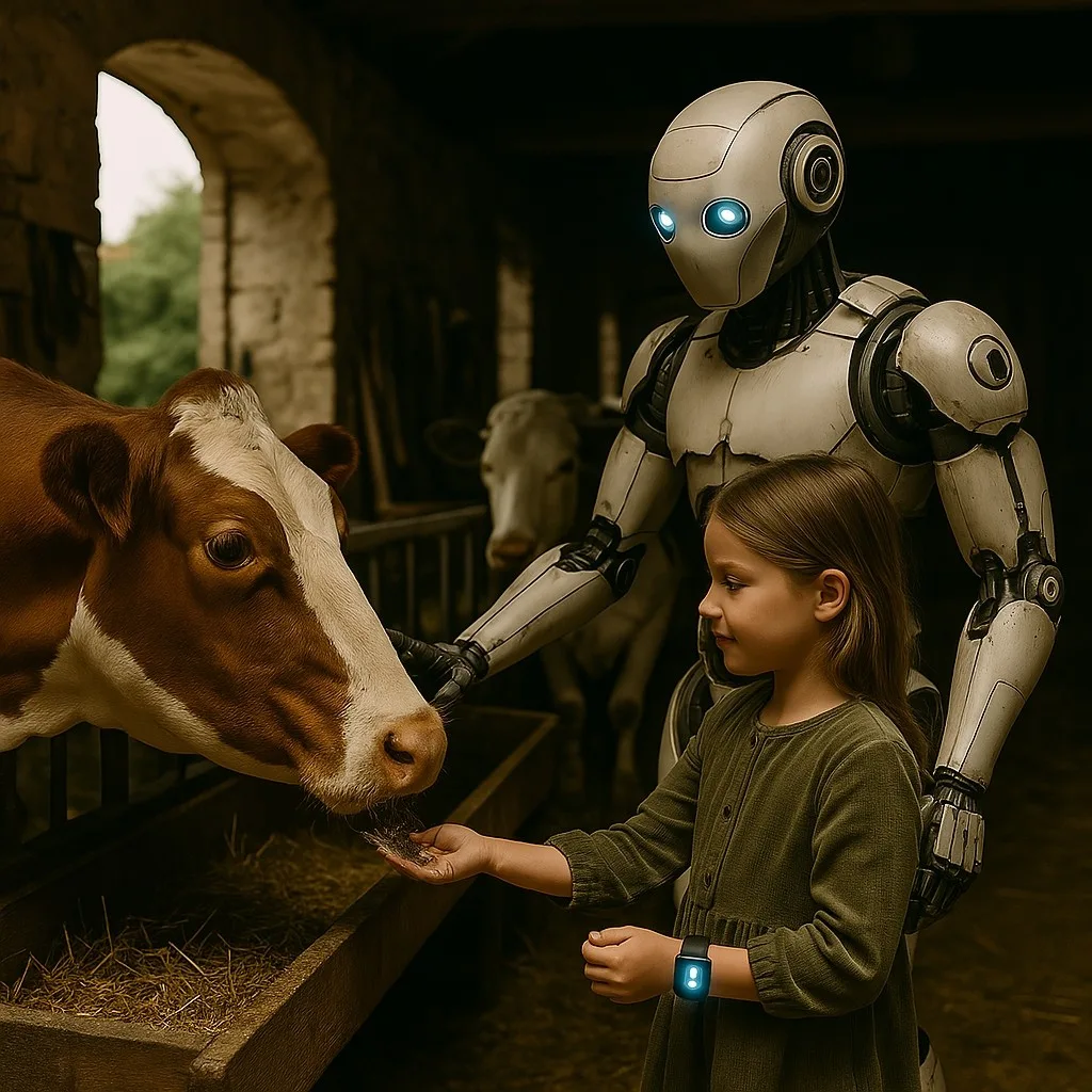 Faille du Système - vache, enfant et robot humanoïde - Demain l'Homme, ex SOS-planete