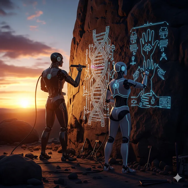 Robots humanoïdes dessinant sur la pierre - Data Center en Provence à Martigues - Controverse écologique et la méfiance démocratique -  Demain l'Homme, ex SOS-planete