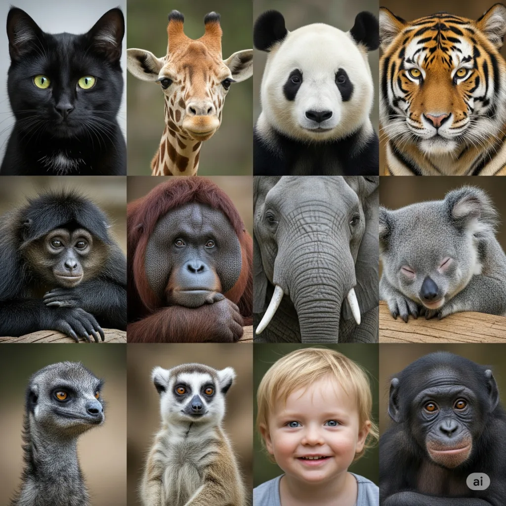 12 portraits de mammifères, dont 5 primates - 11 sont réellement conscients ;o)