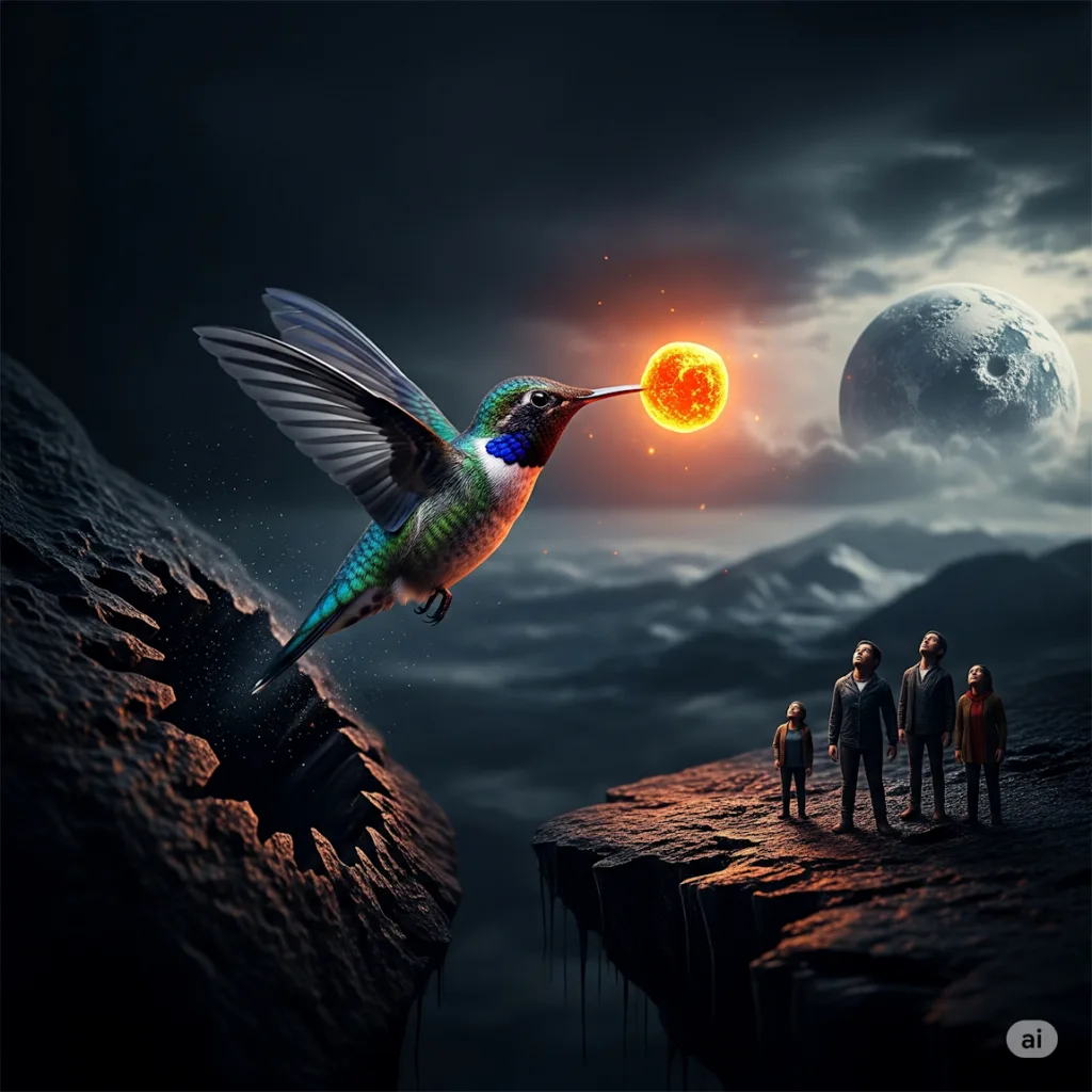 Oublions la goutte d'eau du colibri. Inspiré par le poète René Char, ce manifeste désossant nous invite à porter le feu, face au chaos mondial de notre temps