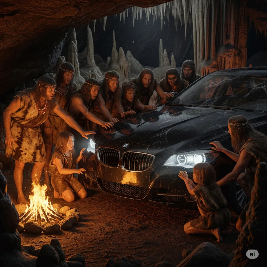 l'Homo Sapiens préhistorique et la luxueuse voiture d'aujourd'hui, après 215.000 ans d'évolution - Demain l'Homme, ex SOS-planete depuis 1999