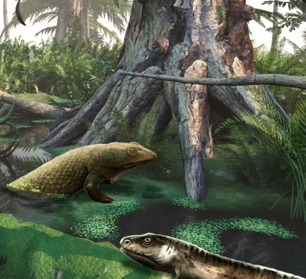 Dévonien ; les animaux sortent de l'océan et colonisent les continents