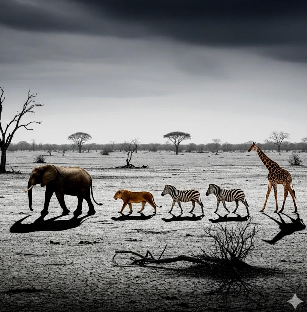 éléphant, lionne, zèbres et girafe dans terre désertique - Demain l'Homme, ex SOS-planete, lutte contre la désinformation