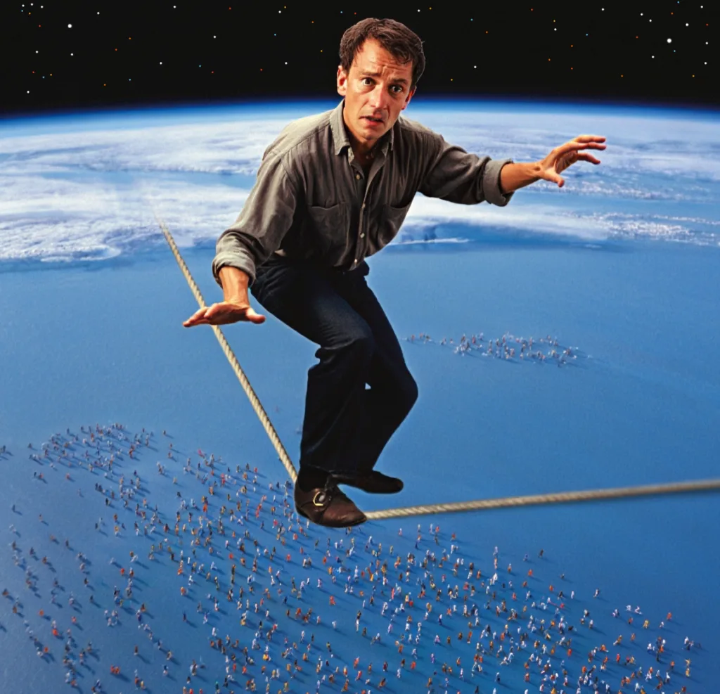 Funambule en équilibre sur la Terre - Bascule Civilisationnelle 2025, Le Choix, Mourir ou Paix-Rire!¡! Être ou Ne Plus Être, That is the Question!  Demain l'Homme, ex SOS-planete