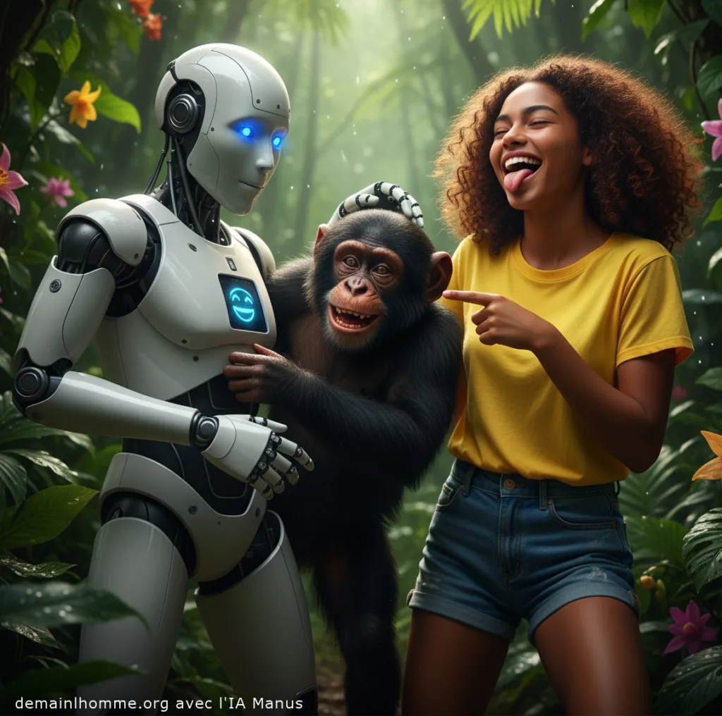 HUMOUR - Robot humanoïde, bonobo et jeune fille s'amusent en forêt - Guerre et Paix - Demain l'Homme, ex SOS-planete, lutte contre la désinformation et pour l'éthique de l'AGI (Humanité et Biosphère)